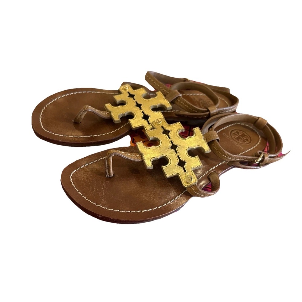 Tory Burch Phoebe LEATHER Flat SANDALS with Gold LOGO Women's Size 8 US EUC